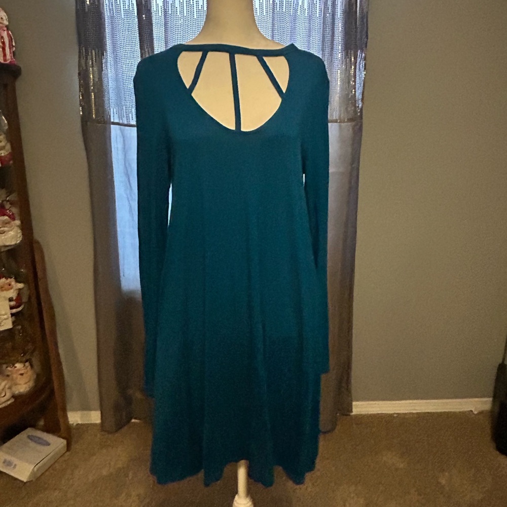 Express Teal Long-Sleeve Swing Dress with Strappy Back